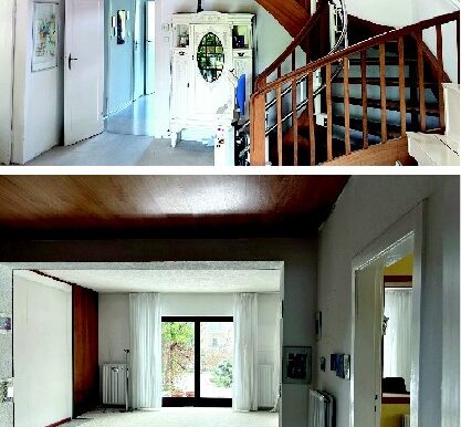 Großes Wohnzimmer mit Treppenaufgang und Zugang zum Esszimmer