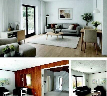 Oben: Wohnzimmer mit KI-Animation, Unten: Wohnzimmeransichten