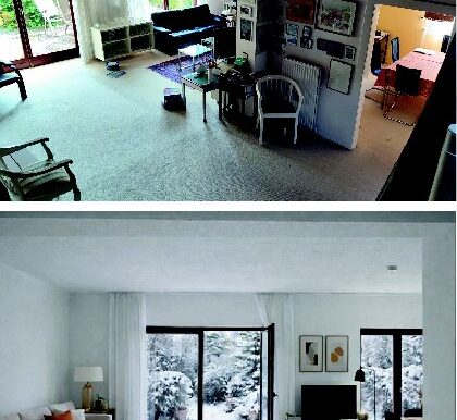 Oben: Wohnzimmer von der Treppe aus, Unten: Wohnzimmer mit KI-Animation