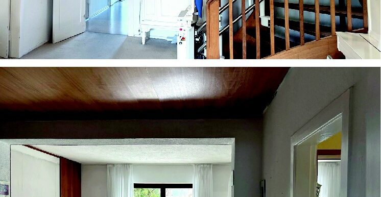 Großes Wohnzimmer mit Treppenaufgang und Zugang zum Esszimmer