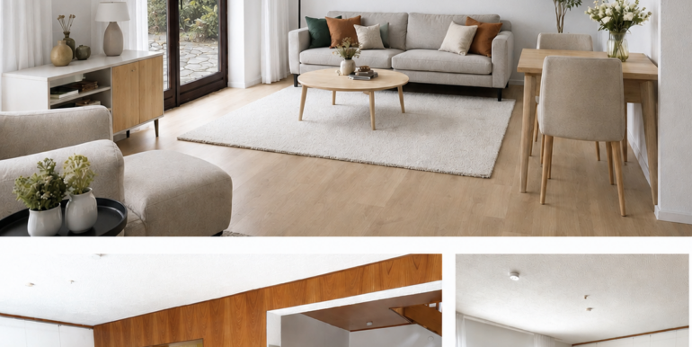 Oben: Wohnzimmer mit KI-Animation, Unten: Wohnzimmeransichten